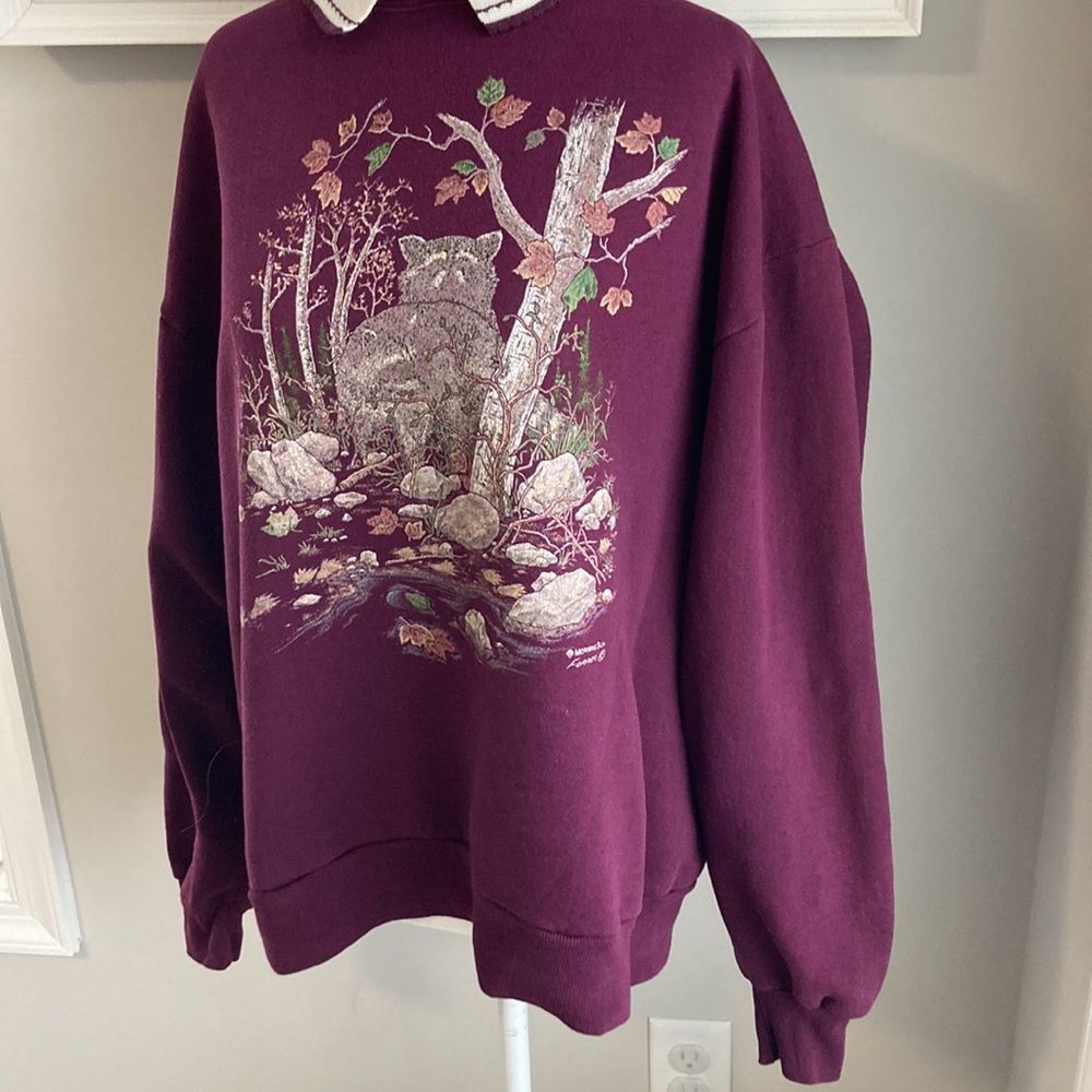 Vintage 90s 80s Morning Sun Purple Racoon Forest Collared Sweatshirt Large - Picture 4 of 12